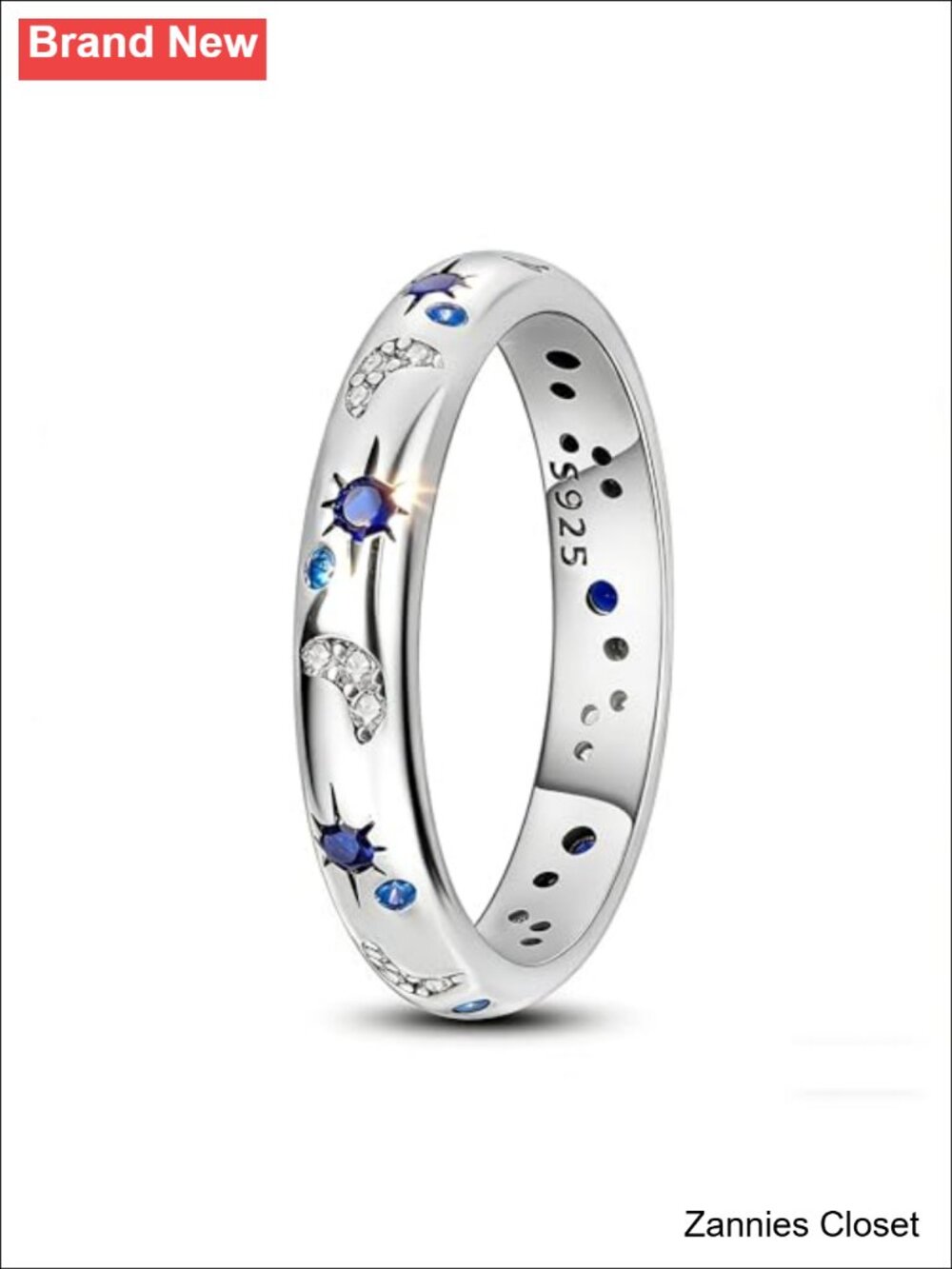 💍 925 Sterling Silver Sun Moon Star Stackable Band Ring Cubic Zirconia